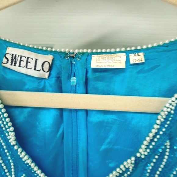 Beaded Midi Lined Dress XL 12-14 Pearl Jawbite Hem Turquoise Aqua Blue ex beads - Picture 12 of 12